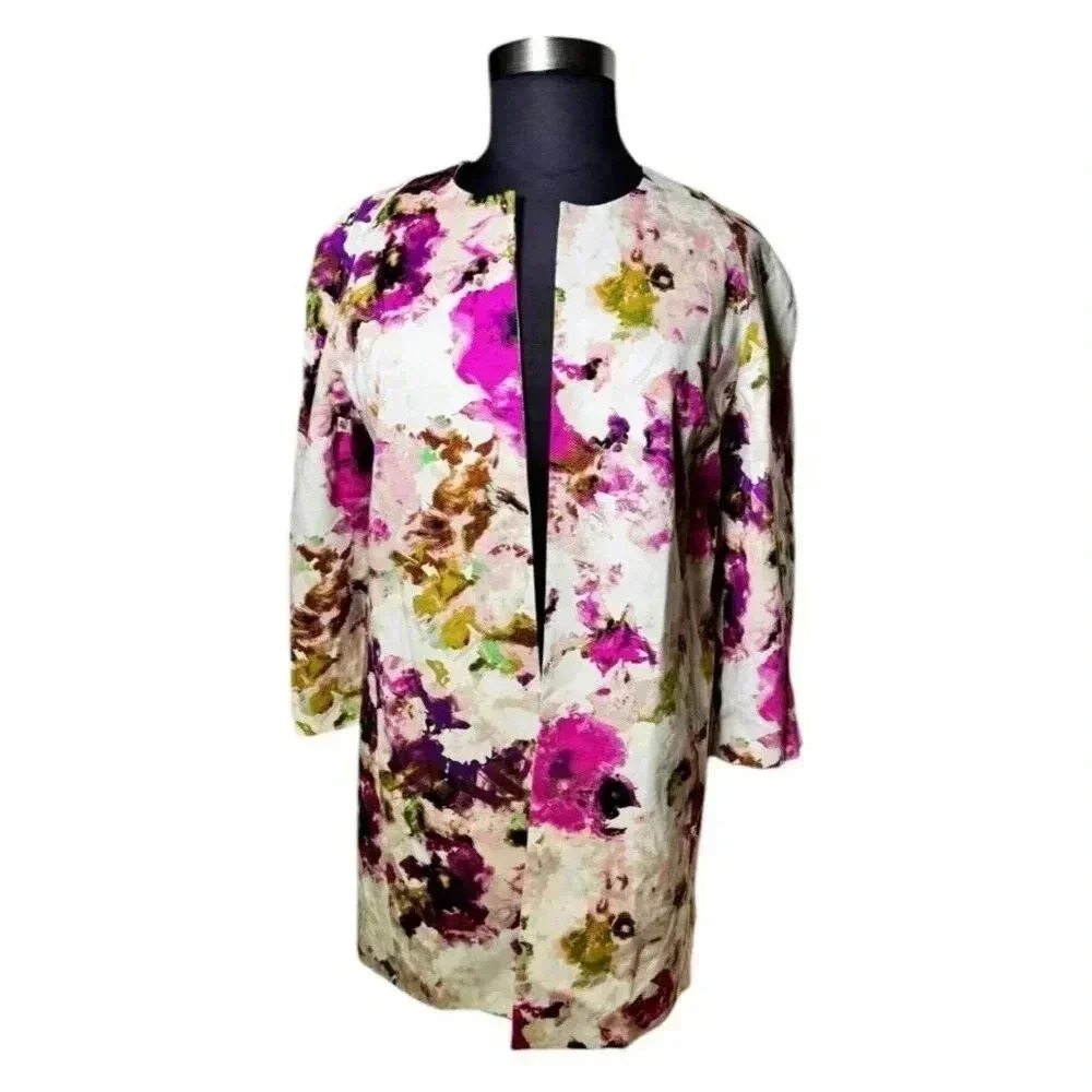 Liz Claiborne Jacket Large Pink Floral Long Open Front Blazer Textured Cotton